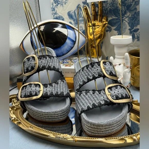 🆕 LOEFFLER RANDALL 🧿 NWOB Theo Embroidered Raffia Platform Sandal, Blue Sz 7.5 - Picture 5 of 14